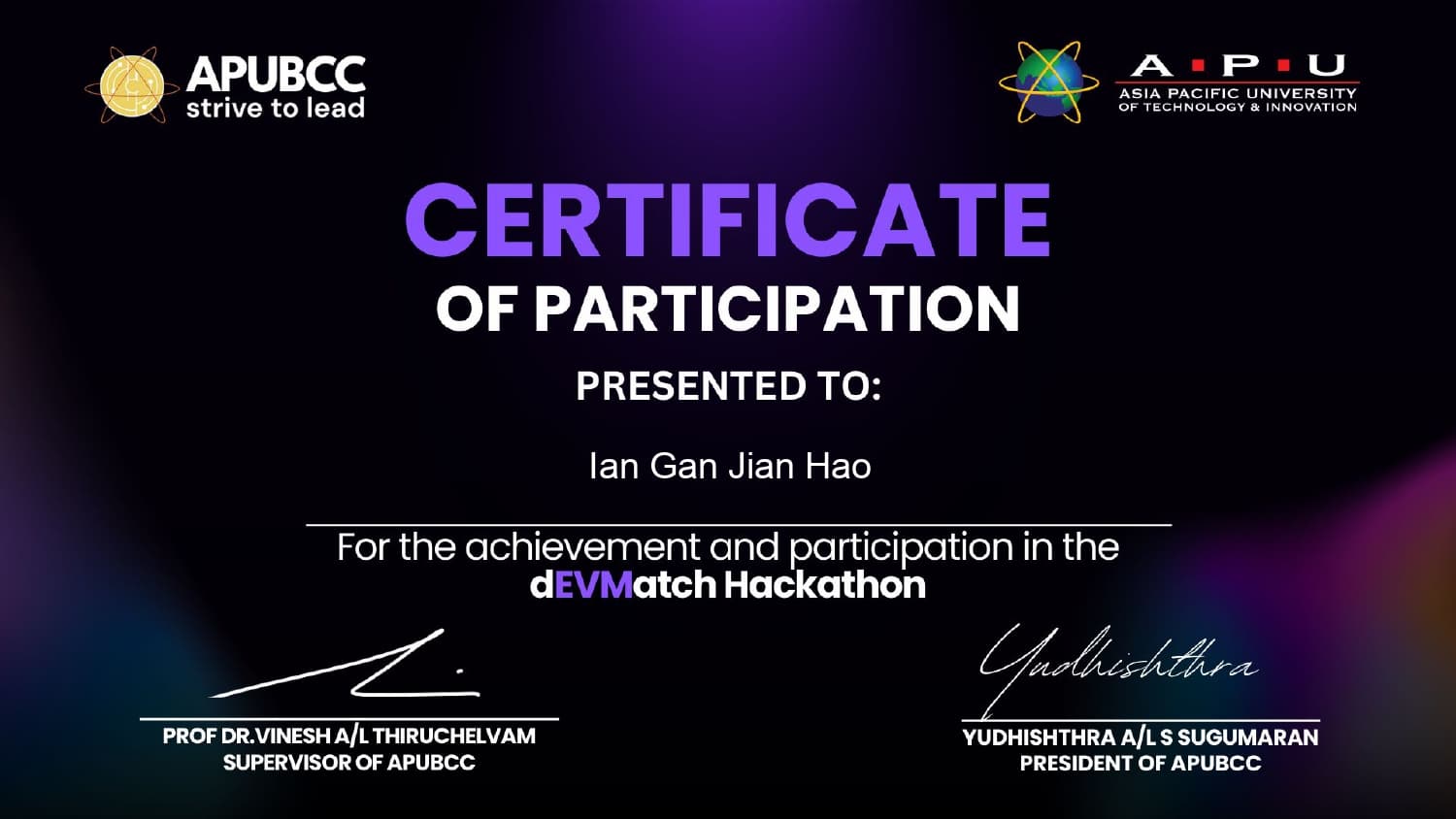Devmatch Hackathon Certificate