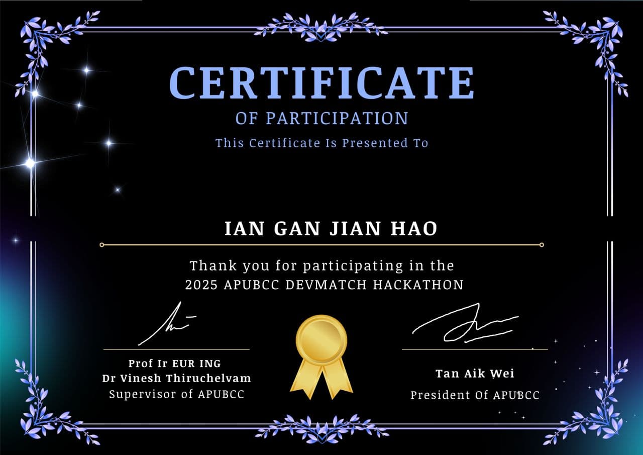Devmatch 2 Hackathon Certificate