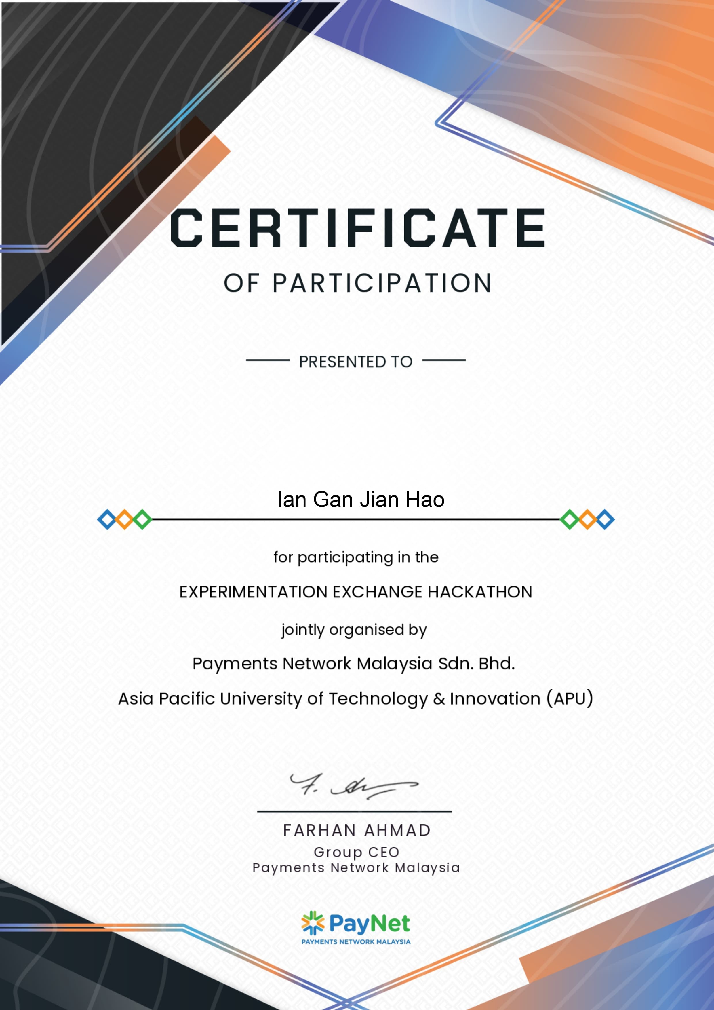X2 Hackathon Certificate